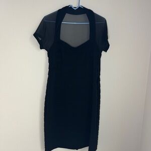 Maggy London Dress Womens 10 petite Black Sheer Mesh Short Sleeve Ruched Formal